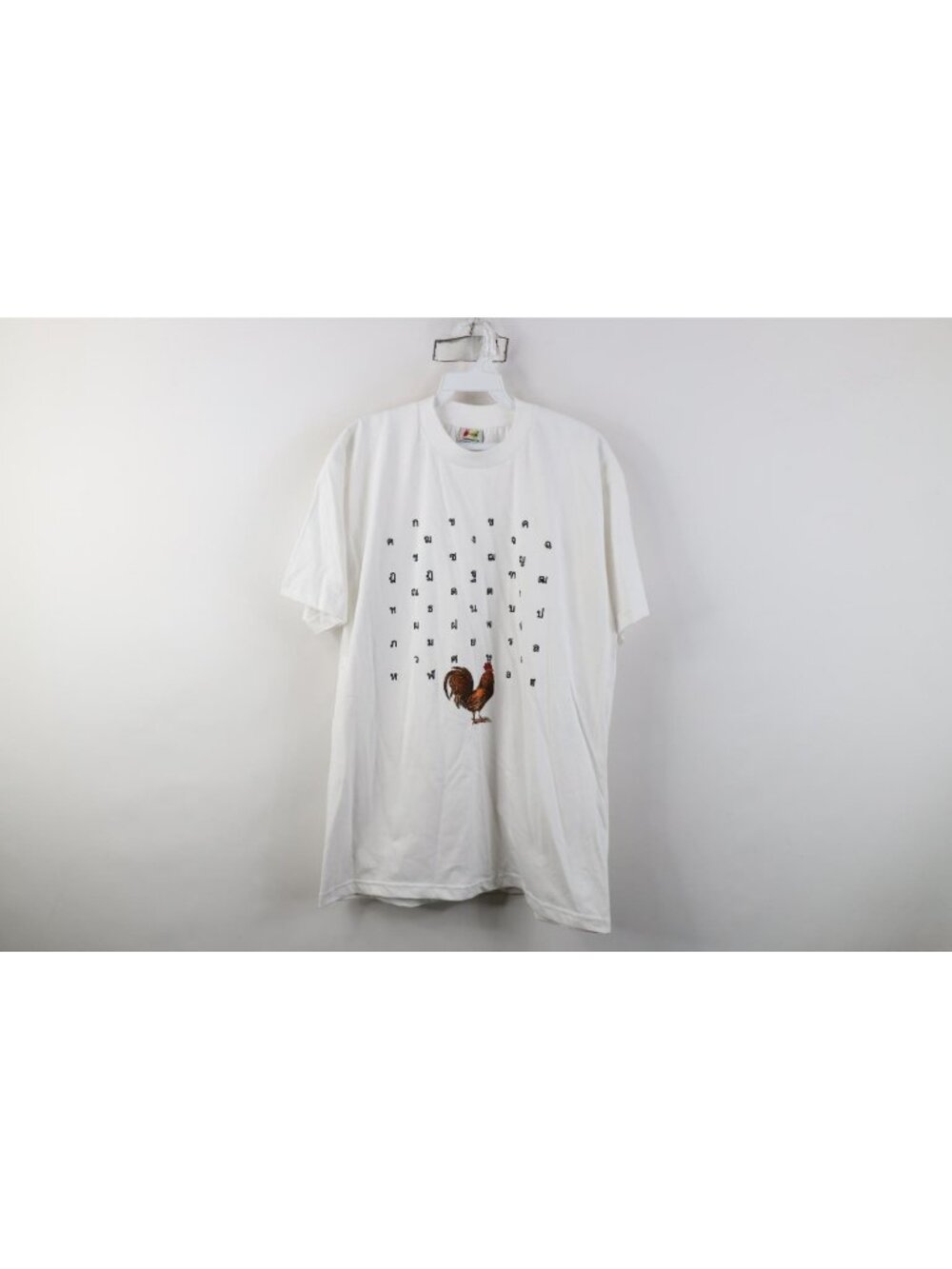 Vintage 90s Streetwear Mens Large Thailand Rooster Chicken T-Shirt White Cotton